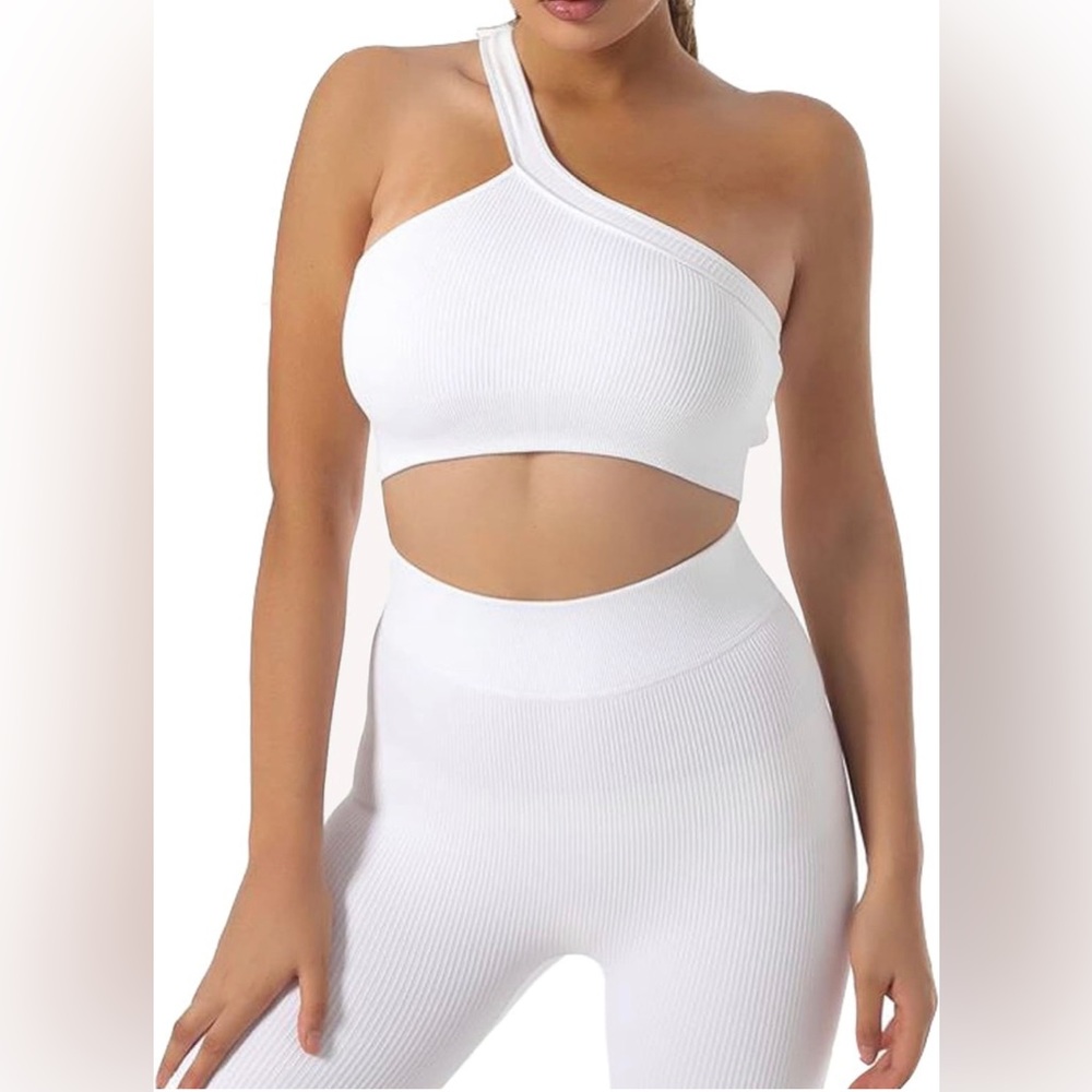 Workout Set 2 Seamless Ribbed Sport One Shoulder Bra High Waist Yoga Leggings